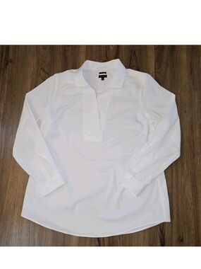 Talbots White Popover Collared V-neck Blouse Top Womens Cotton Spandex Crisp 14
